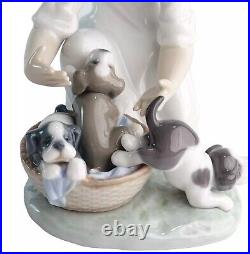 Lladro Joy In a Basket #5595 Girl With Puppies Glossy Figurine