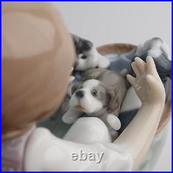 Lladro Joy In a Basket #5595 Girl With Puppies Glossy Figurine