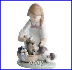 Lladro Joy In a Basket #5595 Girl With Puppies Glossy Figurine