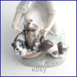 Lladro Joy In a Basket #5595 Girl With Puppies Glossy Figurine