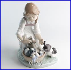 Lladro Joy In a Basket #5595 Girl With Puppies Glossy Figurine