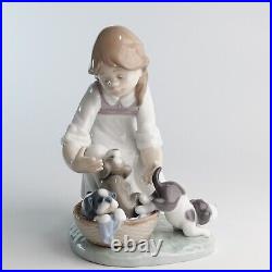 Lladro Joy In a Basket #5595 Girl With Puppies Glossy Figurine