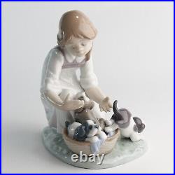 Lladro Joy In a Basket #5595 Girl With Puppies Glossy Figurine