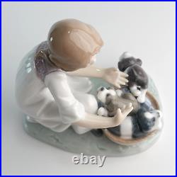 Lladro Joy In a Basket #5595 Girl With Puppies Glossy Figurine