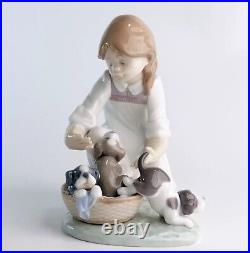 Lladro Joy In a Basket #5595 Girl With Puppies Glossy Figurine