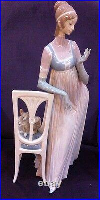 Lladro Lady Empire Porcelain Figurine with tall chair and dog