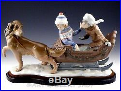 Lladro Large Figurine SLEIGH RIDE DOG PULLING SLED KIDS BOYS #5037 with BASE Mint