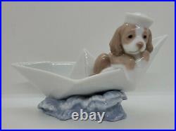 Lladro Little Stowaway Dog with Sailor Hat in Paper Boat Figurine # 6642
