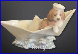 Lladro Little Stowaway Dog with Sailor Hat in Paper Boat Figurine # 6642