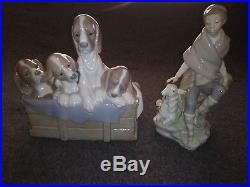 Lladro Lot Of 5 Pcs. Dogs in basket #1121, Rare Little Shepherd with goat #4817
