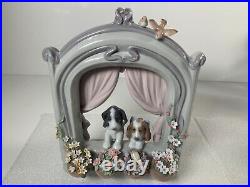 Lladro Please Come Home Puppy Dogs in Window +Flowers Gloss Finish Figurine 6502