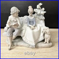 Lladro Poetry Of Love #5442 Boy And Girl Sitting On Park Bench with Dog Matte