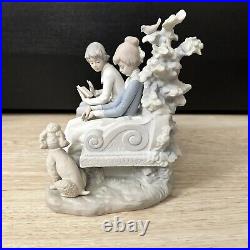 Lladro Poetry Of Love #5442 Boy And Girl Sitting On Park Bench with Dog Matte