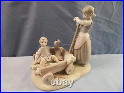 Lladro Porcelain Figurine #1245 Girl Pulling Cart Wagon with Boy & Dog MATTE