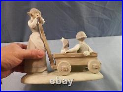 Lladro Porcelain Figurine #1245 Girl Pulling Cart Wagon with Boy & Dog MATTE