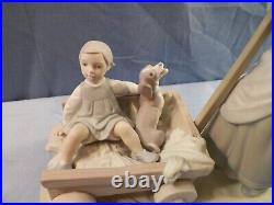 Lladro Porcelain Figurine #1245 Girl Pulling Cart Wagon with Boy & Dog MATTE
