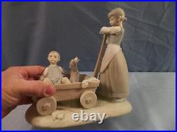 Lladro Porcelain Figurine #1245 Girl Pulling Cart Wagon with Boy & Dog MATTE