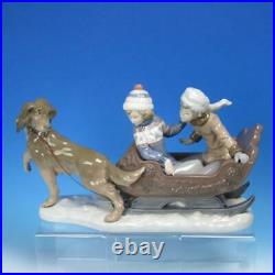 Lladro Porcelain Figurine 5037 Large Sleigh Ride with Dog Pulling Children Sled