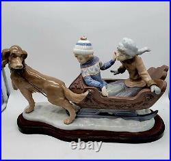 Lladro Porcelain Figurine 5037 Sleigh Ride Boys in Sleigh Pulled by Dog with Box