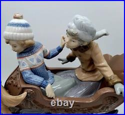 Lladro Porcelain Figurine 5037 Sleigh Ride Boys in Sleigh Pulled by Dog with Box