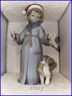 Lladro Porcelain Figurine 6166 Dear Santa Boy Playing with Dog Santa Hat