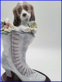 Lladro Porcelain Figurine A Well Heeled Puppy 6744 Dog in Boot w Flowers w Box