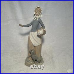 Lladro Porcelain Figurine Girl / Woman w Basket w Puppy Dog at Feet Made Spain
