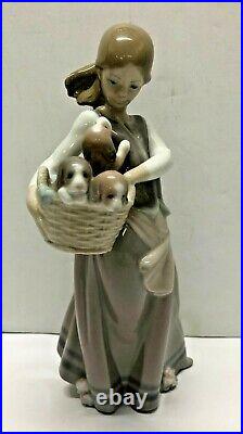 Lladro Porcelain Little Dogs On Hip Girl With Puppies In Basket #1311 Figurine