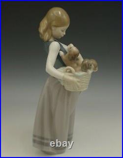 Lladro Porcelain Little Dogs On Hip Girl With Puppies In Basket #1311 Figurine