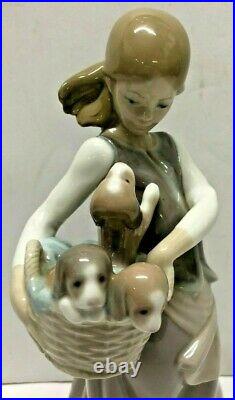 Lladro Porcelain Little Dogs On Hip Girl With Puppies In Basket #1311 Figurine