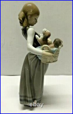 Lladro Porcelain Little Dogs On Hip Girl With Puppies In Basket #1311 Figurine