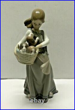 Lladro Porcelain Little Dogs On Hip Girl With Puppies In Basket #1311 Figurine