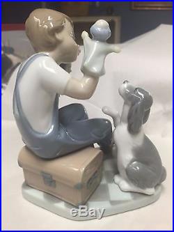 Lladro Puppet Show #5736 Figurine Spain Boy Dog Cat Mint Retired