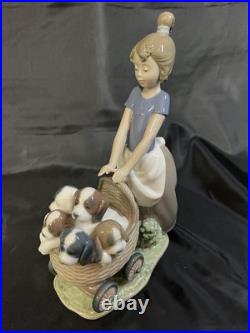 Lladro Puppy Walking Girl Cart Pram Dog 5364