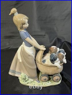 Lladro Puppy Walking Girl Cart Pram Dog 5364