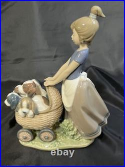 Lladro Puppy Walking Girl Cart Pram Dog 5364