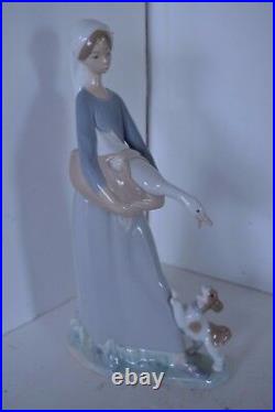 Lladro Retired Figurine # 4866 Shepherd Girl With Goose And Puppy Dog