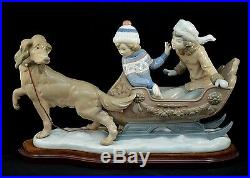 Lladro Retired Figurine # 5037 Sleigh Children Dog Excellent