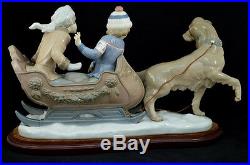 Lladro Retired Figurine # 5037 Sleigh Children Dog Excellent