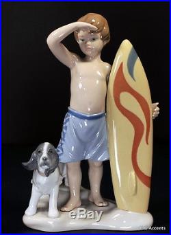 Lladro SURF'S UP # 8110 BOY SURFER WITH HIS DOG & SURFBOARD $465 VALUE MIB