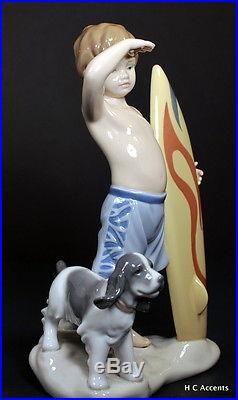 Lladro SURF'S UP # 8110 BOY SURFER WITH HIS DOG & SURFBOARD $465 VALUE MIB