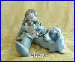 Lladro Spain Figurine #1535 Sweet Dreams Boy With Dog And Puppies