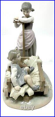 Lladro Spain Girl Pulling Boy & Dog In Wagon Figurine 1245 Handmade, Retired
