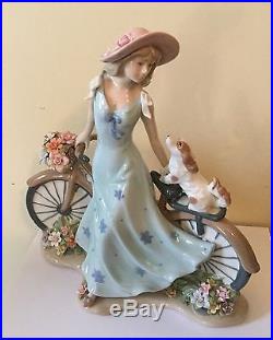 Lladro Style like Girl with Bicycle, Dog, & Flowers Exquisite And Stunning