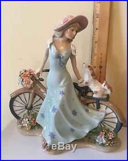 Lladro Style like Girl with Bicycle, Dog, & Flowers Exquisite And Stunning