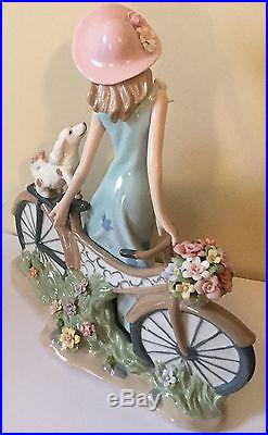 Lladro Style like Girl with Bicycle, Dog, & Flowers Exquisite Rare Stunning