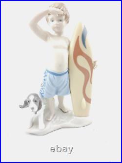 Lladro Surf's Up Porcelain Figure Boy with Surfboard & Dog NEW IN BOX 8110