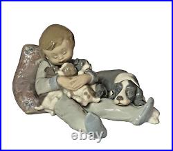 Lladro Sweet Dreams Boy With Puppies & Mother Dog No. 1535. Signed & Mint