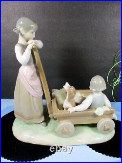 Lladro The Cart Girl Pulling Wagon With Child And Dog 1245