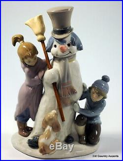 Lladro The Snow Man # 5713 Children With Snowman And Dog $500 Value Mib